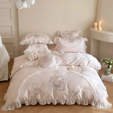Pink Rose Wedding Egyptian Cotton 1000TC Embroidery Girls Bedding Set